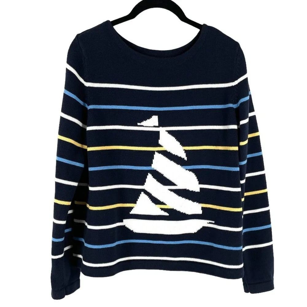 Crazy Horse Sailboat Sweater Medium Navy Striped EUC Liz Claiborne VINTAGE!!!!